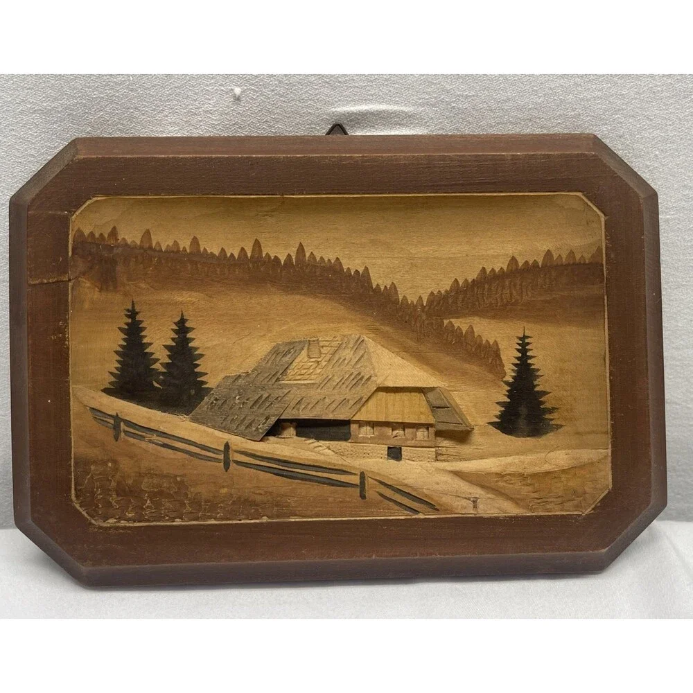 Vintage Germany Black Forest 3D Hand Carved Wood & Painted Wall Hanging 6.5